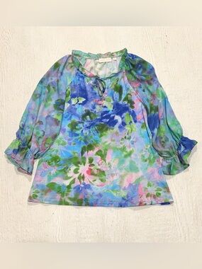 Sunny Leigh Floral Resort Blouse Floral Watercolor Tie-Neck Flowy Top Cruise